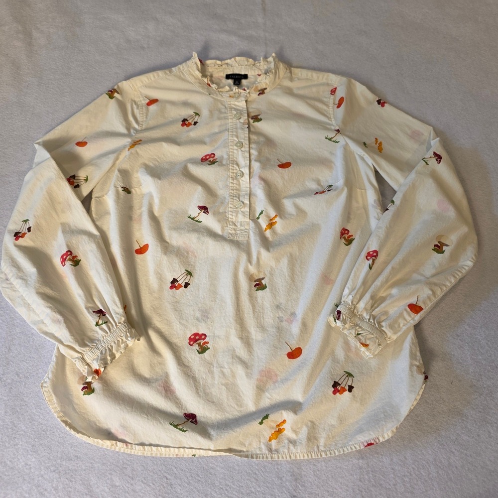Talbots Womens XS Mushroom Print Ruffle Neck Cotton Popover Blouse Cream
